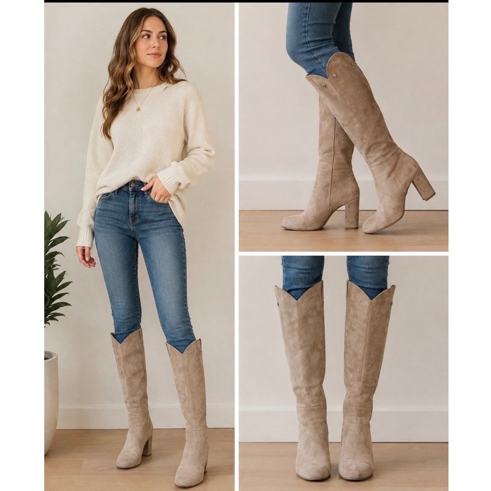 Louise et Cie Lo Zanda Suede Beige Knee High Block Heel Boots Womens Size 9 M